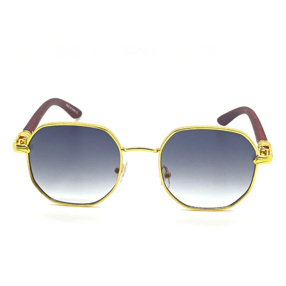 Men Sunglasses Fashion Designer Gold‎ Frame Woody Arms Octagon Black Lens Lentes
